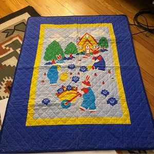 Vintage quilted Rabbits garden gardening baby crib blanket blue red yellow